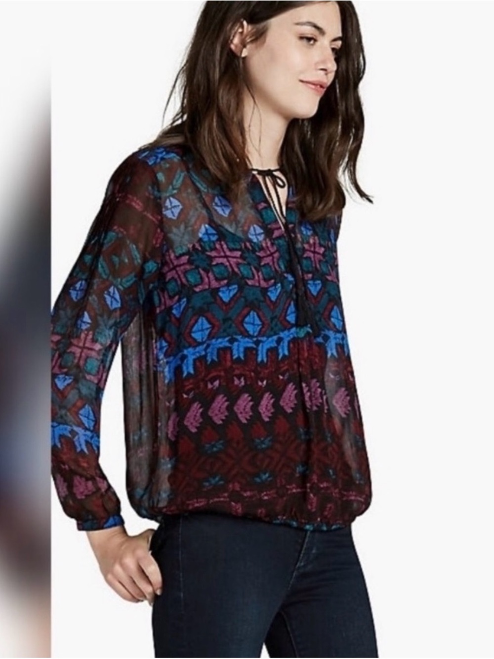 Lucky Brand Sheer Printed Long-Sleeve Women's Blouse in Multicolor 2X